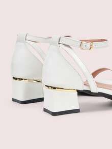 CUCCOO DOLLMOD 女士白色哑光绑带踝带粗跟低跟凉鞋，可爱日常甜美通勤约会时尚百搭 - 白色 - 查看 10