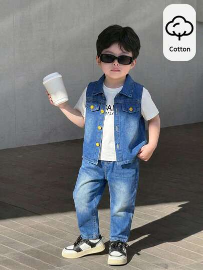 SHEIN 3pcs Toddler Boy Clothes Kids Boy Casual Korean Style Comfortable Denim Vest And Jeans Pants Set