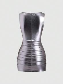 Sweetra New Fashion Wine Red Coated Elastic Fabric Off-Shoulder Ruched Waist Slim Fit Mini Dress, High Neck Ruffle Detail, Suitable For Club Party, Cocktail, Commute, Daily Wear In Autumn/Winter Sexy Curve Dress - Silver - View 2