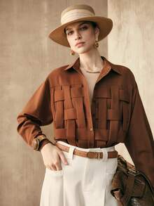 Arave Women's Plain Weave Hand-Knitted Fabric Shirt With Straight Shoulders, Long Sleeves, Half-Open Placket, Hand-Knitted Structure Design, Casual Wear, Brown Shirt  Summer Outfits Spring Clothing - Rust Brown - View 7