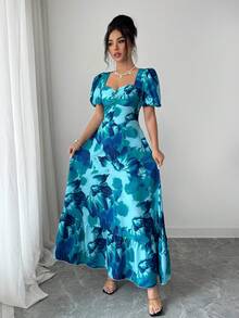 Elenzga 花瓣袖心形领口收腰A字裙摆优雅浪漫连衣裙，适合度假 - 彩色 - 查看 3