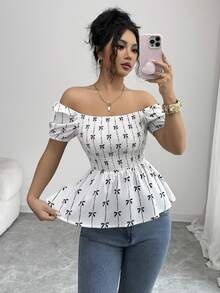 Elenzga Blusa con cuello cuadrado, mangas con volantes y bajo con volantes estampada - Blanco - Ver 6