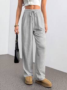 SHEIN Tall Casual Striped Drawstring Waist Straight Leg Pants - Grey - View 6
