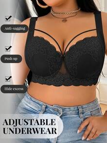 DesireSculpt 1pc Plus Size Lace Contrast Mesh Underwire Bra - Black - View 4
