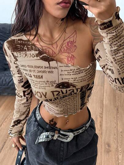 Coolane Spring Break Outfits Women's Plus Size , Pattern Stretchy Asymmetrical Neck Long Sleeve Crop Tops Western Crop Top,Valentine's Day