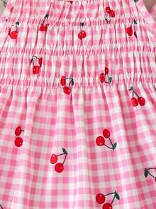 SHEIN 小女孩可爱甜美樱桃格子印花吊带背心和阔腿裤套装，适合日常休闲和假日穿着。 - 粉色 - 查看 6