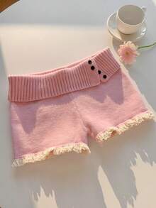 Comfortcana Quần short len lửng màu hồng phối ren, vạt bất đối xứng, có thể gập lại, thích hợp cho nữ mùa xuân, lựa chọn thanh lịch cho Giáng sinh, Năm mới, Ngày Valentine. - Hồng - Xem 5