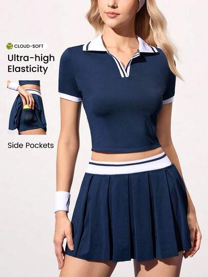 CourtClass 女士休闲运动撞色Polo领短袖上衣和迷你裙套装