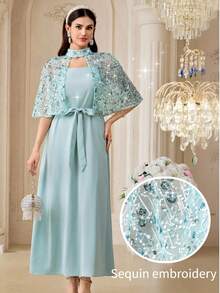 Modelyn Vestido de estilo árabe con chal de malla con lentejuelas elegante para fiesta de mujer - verde menta - Ver 9