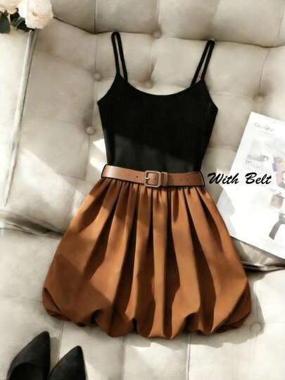 Franclia 黑色和棕色撞色吊带拼接泡泡裙摆连衣裙+罗纹针织上衣，夏季通勤约会可爱显瘦短裙，法式复古松紧腰A字裙