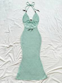 Soleia 女士度假休闲露背吊带针织连衣裙钩编长裙夏季长裙沙滩长裙钩编连衣裙秋冬度假连衣裙 - 薄荷綠 - 查看 3