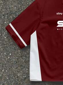 Manfinity ZONE917 Plus Size Men's Boxy Cropped Pioneer Sports Street Loose Maroon + White Contrast R-Star Speed Block Print Short Sleeve Shirt, Gift For Boyfriend/Girlfriend, Collegiate Style - Red - View 4