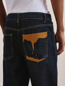 TOKVUE Men's Fashionable Street Style Embroidery Design Casual Washed Straight Leg Loose Jeans Men Wide Leg Jean Dark Wash Jeans Men's Jeans - Dark Wash - View 5