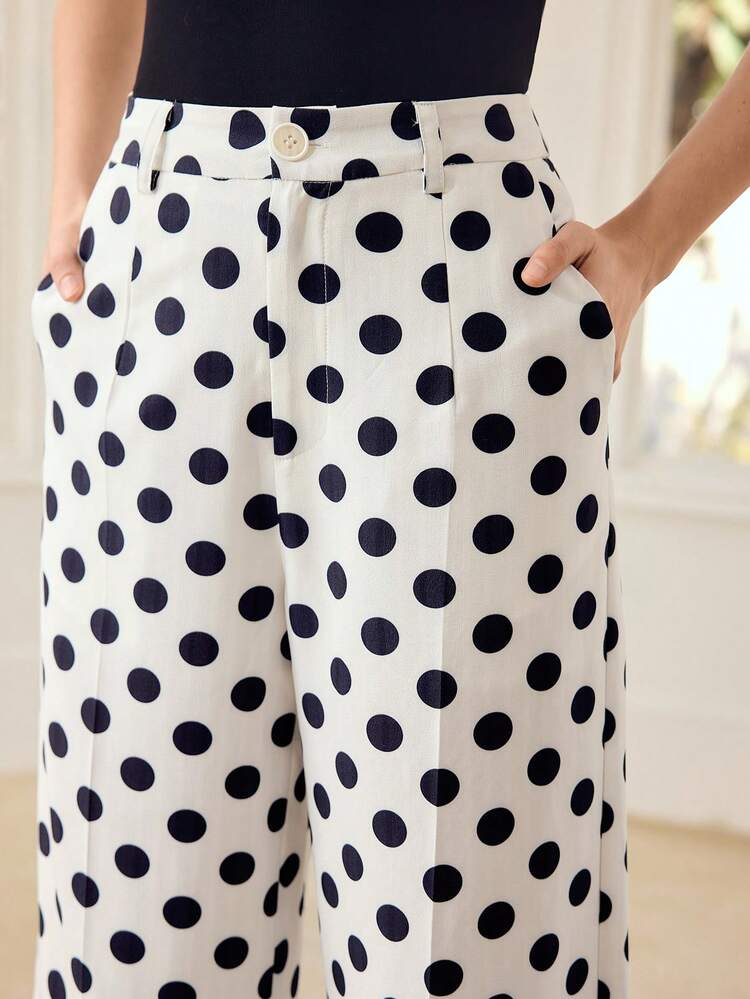 POLKA DOT SLANT POCKET CUFFED HEM FLARE LEG PANTS