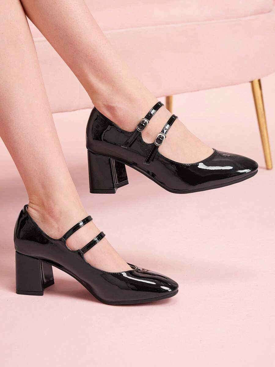 CUCCOO DOLLMOD College Patent Leather High-Heeled Mary Jane Autumn Shoes Pointed Toe Double Buckle With Versatile Thick Heel Shoes Femininity Evening Wind Women's Shoes Valentine's Day - Black - View 1