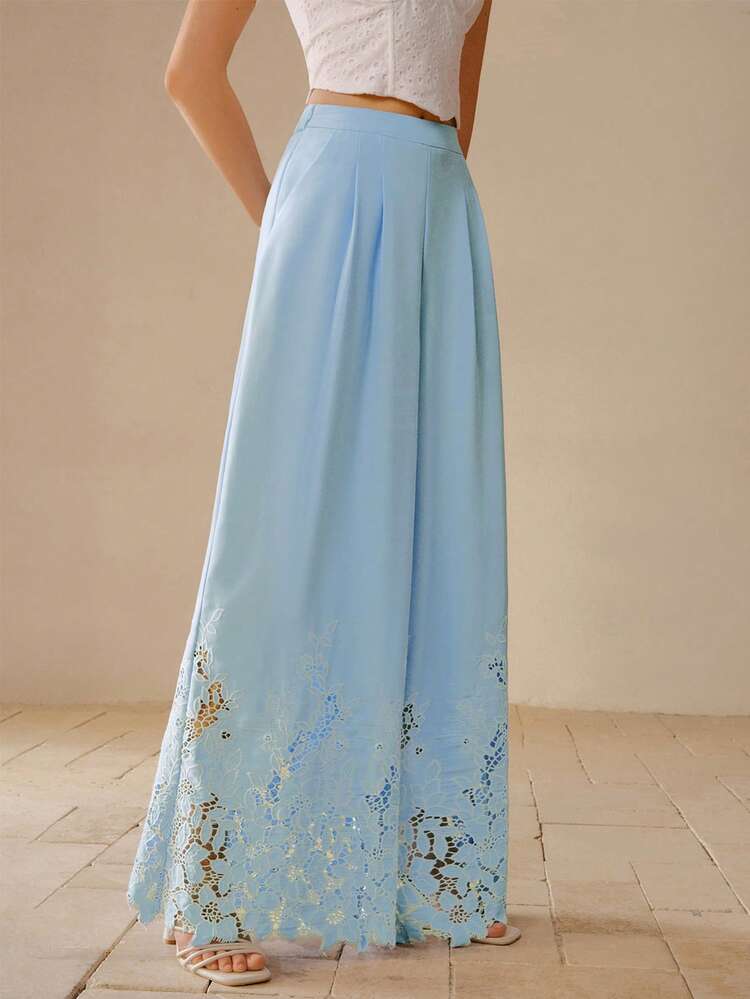 WOMEN'S BLUE EMBROIDERED ELEGANT CASUAL PANTS