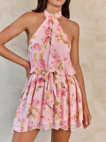 Enchnt Women's Pink Floral Summer Mini Dress,Boho Tea Party Holiday Backless Halter Neck Sweet&Elegant For Vacation&Date&&Valentine's Day Outfit - Apricot - View 2