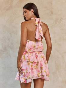 Enchnt Women's Pink Floral Summer Mini Dress,Boho Tea Party Holiday Backless Halter Neck Sweet&Elegant For Vacation&Date&&Valentine's Day Outfit - Apricot - View 7