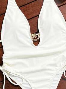 Swim SXY Solid Deep V Neck Twist Ruched Metal Decor Casual Beach Swimsuit For Women - Beige - View 3