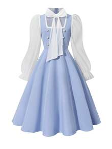 Girls' Contrast Color Mesh Patchwork Long Sleeve Dress - Blue - View 4
