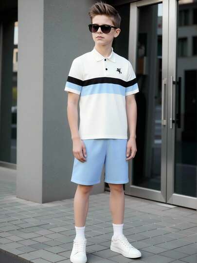 SHEIN 两件套男童拼接短袖Polo衫+纯色短裤，适合生日派对、婚礼、周年纪念、情人节等场合。