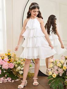 SHEIN Vestido de niña preadolescente de cuello halter suelto y elegante, sin mangas, con volantes en el bajo, de longitud media, adecuado para bodas, vacaciones y fiestas - Blanco - Ver 3