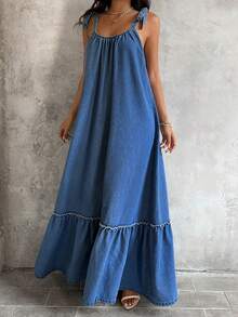 Sunnyshic 女士休闲牛仔连衣裙，适合度假和外出穿着 - 藍色 - 查看 2