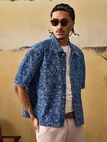ROMWE MEN Street Life Men's All-Over Print Front Button Pocket Casual Short Sleeve Denim Shirt - Blue - View 5