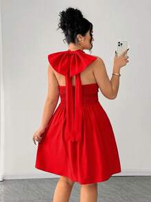 Elenzga Đầm cổ yếm chữ V thanh lịch, lãng mạn kiểu vintage với nơ lớn, thích hợp cho ngày Valentine, giản dị nhưng vẫn thời trang. - Đỏ - Xem 2