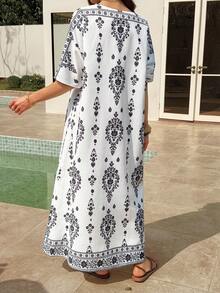 Vivie Lora Women's V-Neck Loose Short Sleeve Floral Print Midi Dress Summer Boho Sun Dresses For Women Vacation Outfits Women - White - View 3
