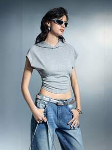 Breezaya Petite 女士无袖连帽束腰卫衣，夏季休闲街头风 - 灰色 - 查看 1