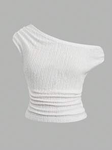 SHEIN Tween女孩白色不對稱肩紋理上衣，垂直壓褶布料無袖短版設計，柔軟面料適合夏季，不對稱領口風格，小眾紋理質感，適合日常/休閒穿著，貼身不緊繃，易搭配易打理，打造溫柔優雅女孩風 - 白色 - 查看 4