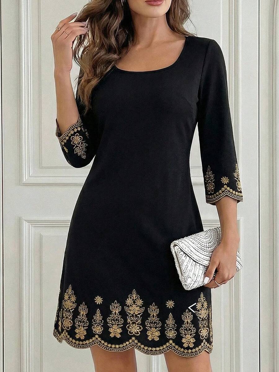 Miaspire 女士方领优雅修身刺绣连衣裙。春夏度假装。 - 黑色 - 查看 1