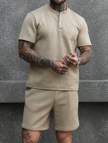 Manfinity CasualCool 男士休闲通勤纹理短袖T恤套装 - 卡其色 - 查看 5