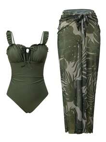 Swim Oasis 春夏热销沙滩度假风露背花卉饰边吊带衫，领口系带花卉饰边，褶皱上身+植物印花网纱裙两件套 - 彩色 - 查看 3