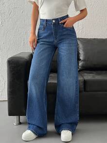 SHEIN 高腰镂空腰带细节牛仔休闲浅色水洗牛仔裤 - 淺色水洗藍 - 查看 5