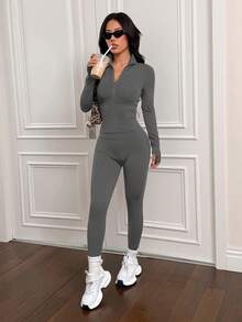 SHEIN PETITE 3pcs Brown Knit Women's Sports Set, Suitable For Yoga, Running, Workout, Daily Wear, Autumn/Winter - Grey - View 3