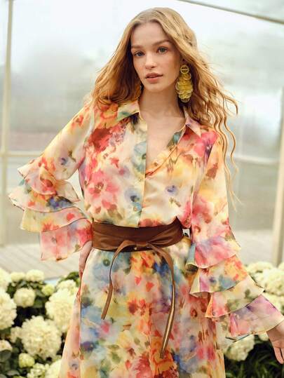 MOTF PREMIUM CAMISA ELEGANTE DE MANGA LARGA CON ESTAMPADO FLORAL Y DETALLE DE VOLANTES ROMÁNTICA PARA MUJER, PRIMAVERA/VERANO