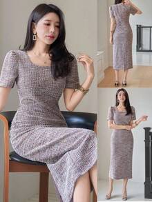 Wynsel 女士优雅纹理方领泡泡袖连衣裙，夏季婚礼宾客礼服 - 粉色 - 查看 1