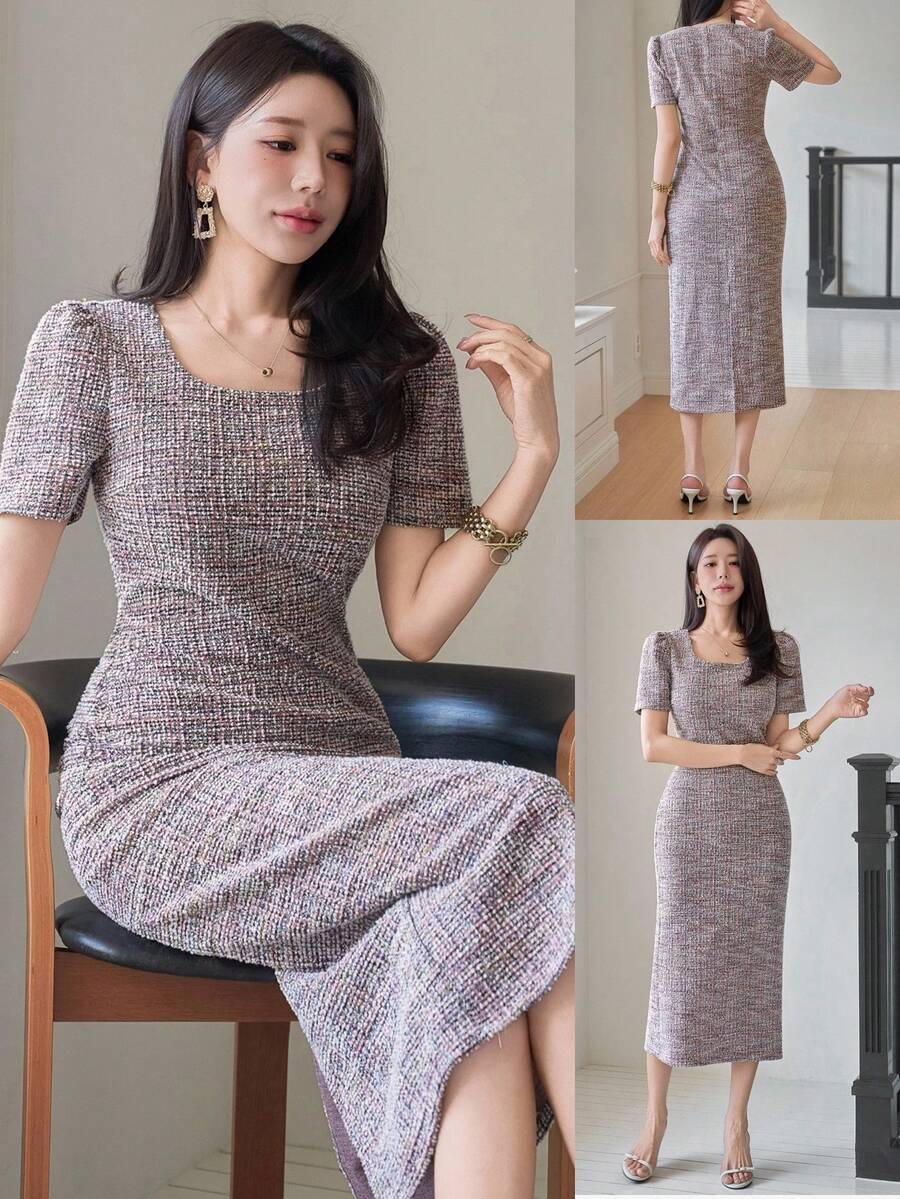 Wynsel 女士优雅纹理方领泡泡袖连衣裙，夏季婚礼宾客礼服 - 粉色 - 查看 1