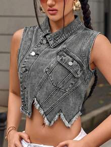 Rivivi Women's Solid Color Frayed Hem Asymmetric Hem Sleeveless Denim Vest - Grey - View 7