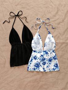 Soleia 2pcs/Set Women Casual Backless Tie Strap Halter Top Set, Floral Print, Suitable For Vacation, Beach - Multicolor - View 2