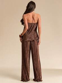 SHEIN BAE Khaki Pleated Texture Bandeau Top & Pleated Loose Wide-Leg Pants, Casual 2 Pieces Set, Khaki 2 Pieces Set, Vacation 2 Pieces Set - Khaki - View 2