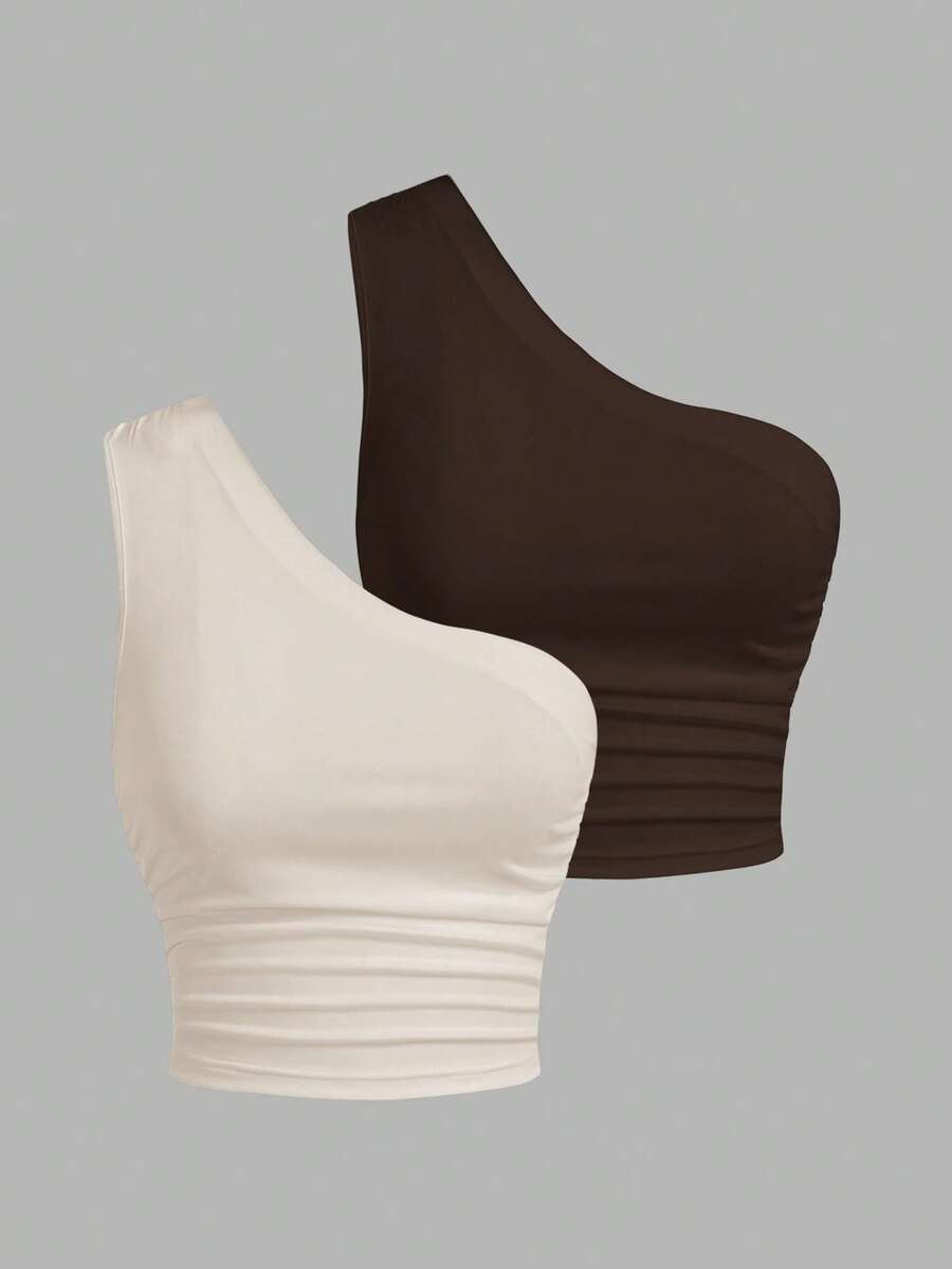 SHEIN EZwear 女士双色针织单肩上衣,夏季 - 彩色 - 查看 1