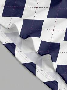 Manfinity Joysei 复古美式菱形海军蓝白格纹撞色领小马图案男女通用休闲短袖T恤，男女皆宜，外出上衣，送给男友的礼物，女士休闲夏季穿搭，印花T恤，女士上衣，男士休闲春季穿搭，夏季穿搭，男女图案T恤 - 彩色 - 查看 3