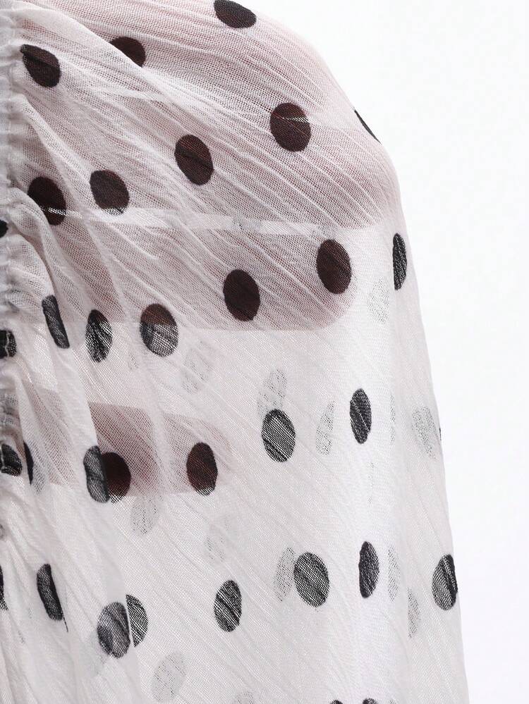 Women's Polka Dot Sheer Loose Tie Front Long Sleeve Casual Elegant Vacation Blouse, Spring/Summer
