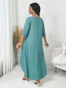 SHEIN Lady 大码纯色圆领上衣和印花长裤两件套 - 彩色 - 查看 2