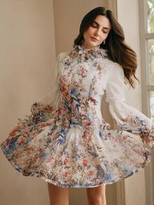 Anewsta Women's New Fashionable Sweet Retro Romantic Niche Design Lantern Sleeve Printed Mini Dress, Suitable For Vacation & Dates - Multicolor - View 1