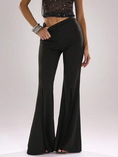 SHEIN BAE Summer Music Festival Party Beach Party Black Solid Color Sexy Mesh Patchwork Flare Pants, Suitable For Summer/Rave, Festival For Women, Western Wear Women, Boho