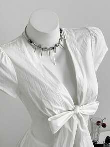 Elamini Blusa de manga corta con cuello en V profundo, mangas abullonadas y lazo en la cintura para mujeres - Blanco - Ver 1